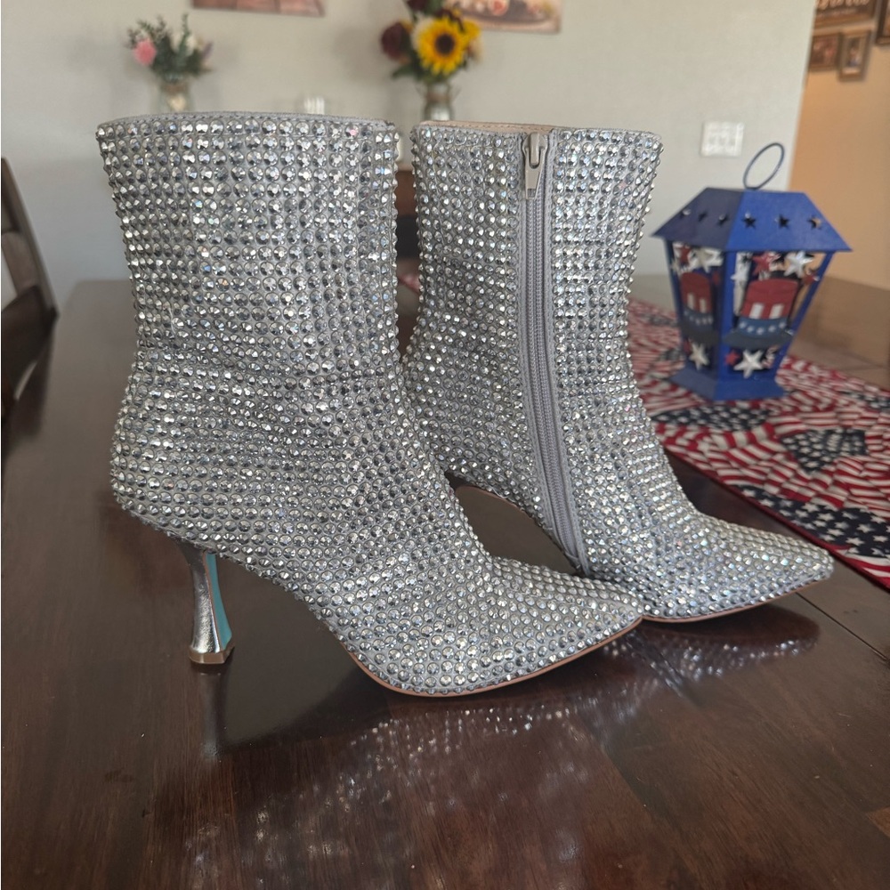 Betsey Johnson Silver Heeled Boots with Crystal Embellishments